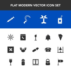 Modern, simple vector icon set with makeup, needle, white, brush, sweet, seafood, book, bell, leaf, dessert, restaurant, summer, wine, cream, internet, beverage, holder, wheel, liquid, alarm icons