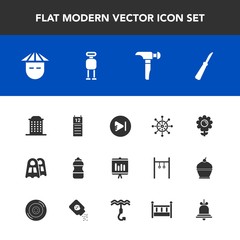 Modern, simple vector icon set with technology, media, floral, document, video, rudder, drink, android, cyborg, blossom, notification, agenda, people, sea, calendar, asian, kitchen, helm, spring icons