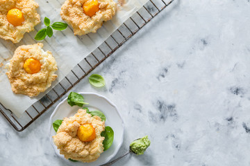 Trendy healthy eating concept - egg clouds on toasts
