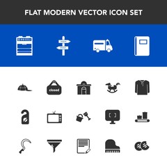 Modern, simple vector icon set with clothing, tv, sweet, sign, screen, shovel, health, page, paper, shop, hospital, hotel, baby, business, banner, bucket, kitchen, estate, hat, oven, notebook icons