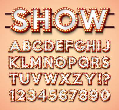 Light Bulb Alphabet with bright red frame and shadow on red backgrond. Glowing retro vector font collection with shiny lights. ABC and number design for casino, night club or cinema. Layered Separated