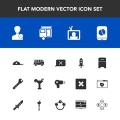 Modern, simple vector icon set with bed, furniture, fashion, profile, technology, rocket, chart, transportation, dryer, bus, spanner, hat, delete, equipment, clothing, tool, screen, travel, tv icons