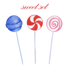 Watercolor Lollipops set drawing, handmade drawing, isolated on a white background.