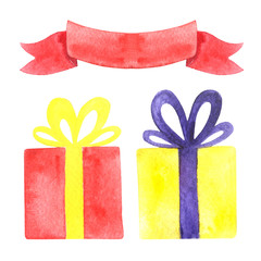 Watercolor holiday illustration, wrapped gift boxes and tape, isolated on a white.
