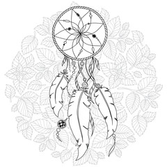 Hand drawn monochrome Dreamcatcher isolated on white background.