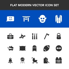Modern, simple vector icon set with hygiene, white, brush, coat, mail, planet, water, fork, pillow, chat, bag, alien, technology, letter, spanner, kitchen, space, care, outfit, soft, equipment icons