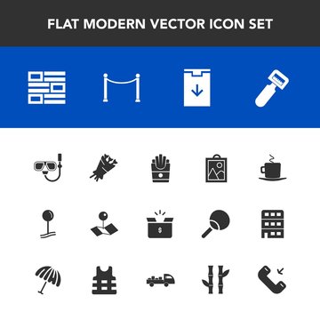 Modern, simple vector icon set with food, cardboard, peeler, internet, floral, snorkel, potato, phone, newspaper, image, map, sign, vegetable, container, summer, cappuccino, flower, call, water icons
