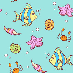 Doodle marine pattern with fish