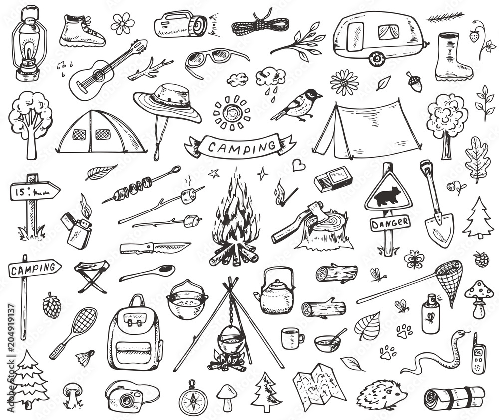Wall mural set of forest camping icons