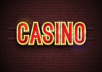 Casino neon sign illustration on brick wall background. Vector light banner or bright signboard design.
