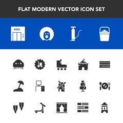 Modern, simple vector icon set with mill, burger, pump, cargo, skating, electricity, sport, medieval, skate, architecture, food, castle, ufo, travel, desk, package, fun, handle, bucket, space icons