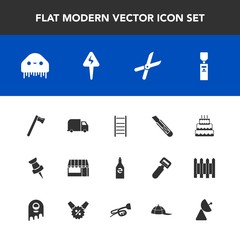 Modern, simple vector icon set with sweet, space, signal, pruning, spanner, clothing, water, beverage, monster, cap, gardening, delivery, bottle, cut, drink, sign, ladder, energy, dessert, tool icons