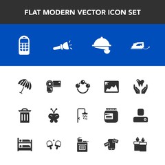 Modern, simple vector icon set with work, beauty, waiter, butterfly, infant, garbage, bath, mobile, healthy, toy, child, shower, communication, dentist, rattle, photo, camera, photography, iron icons