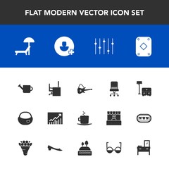 Modern, simple vector icon set with furniture, musical, rucksack, office, bag, school, cappuccino, beach, plant, equality, add, can, summer, table, game, gardening, poker, white, umbrella, bed icons