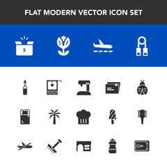 Modern, simple vector icon set with finance, well, money, document, butterfly, equipment, plane, file, sew, travel, bucket, lady, sign, technology, flower, bug, restaurant, stone, spring, fly,  icons