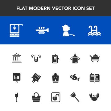 Modern, simple vector icon set with paint, pool, finance, nutrition, white, call, tea, annual, food, telephone, drink, snack, money, stone, plastic, music, potato, service, teapot, bottle, hot icons