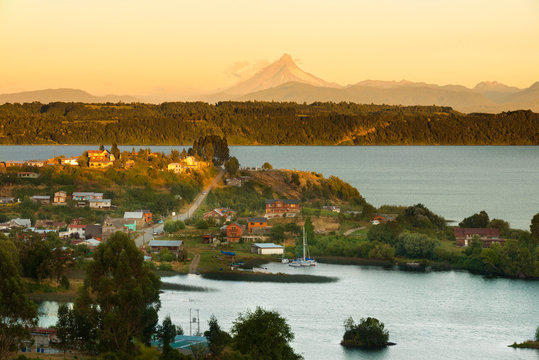 View of the small town of Puerto Octay at the shores of Llanquihue lake in southern Chile in the Chilean Lake district.