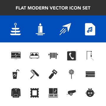 Modern, simple vector icon set with flame, furniture, kitchen, paper, heater, pulse, medicine, boiler, sound, brush, juice, paint, plane, double, bedroom, fire, peeler, fresh, fruit, roll, book icons