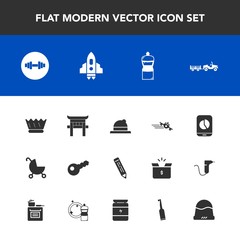 Modern, simple vector icon set with carriage, japan, clothing, chart, departure, travel, king, electric, craft, pencil, gym, airplane, torii, luxury, space, rocket, equipment, pen, spaceship icons