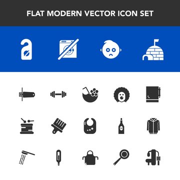 Modern, simple vector icon set with motel, flash, instrument, page, scary, arctic, infant, holiday, drum, privacy, drawing, notebook, sad, label, baby, ice, hotel, snow, equipment, card, fitness icons