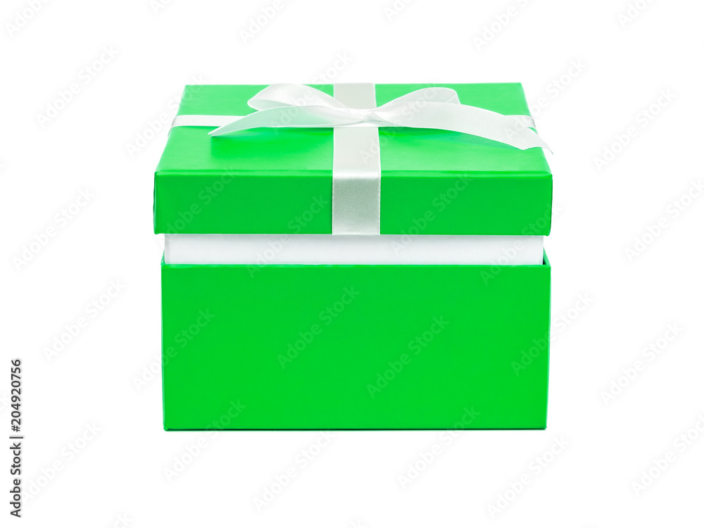 Wall mural Green gift box with ribbon bow. Holiday present