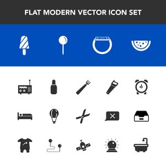 Modern, simple vector icon set with gardening, gadget, saw, parachute, time, dinner, parachuting, clock, bowling, dessert, work, hour, construction, jump, smart, pin, summer, fruit, ice, alarm icons