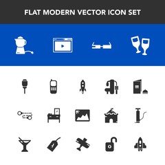 Modern, simple vector icon set with technology, online, smart, space, light, cabinet, launch, business, gym, sport, drink, communication, chain, wine, alcohol, hot, modern, city, breakfast, book icons