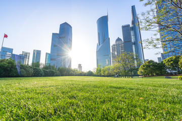 Obraz premium green lawn with modern office building