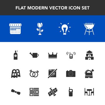 Modern, simple vector icon set with ring, sign, call, dont, electricity, barbecue, phone, plant, pagoda, day, cooking, time, idea, king, sea, bbq, energy, bulb, diamond, engagement, paint, meat icons