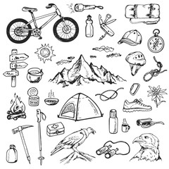 Set of mountain camping icons