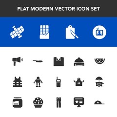 Modern, simple vector icon set with cutlery, tv, headwear, orbit, cap, sale, new, pants, space, kitchen, hat, white, clothing, jacket, telephone, chocolate, phone, mobile, technology, bar, knife icons