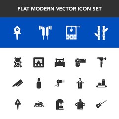 Modern, simple vector icon set with bamboo, knife, bird, sport, construction, technology, hairdryer, bear, spring, wireless, house, cone, teddy, antenna, photographer, bowling, kitchen, old, car icons