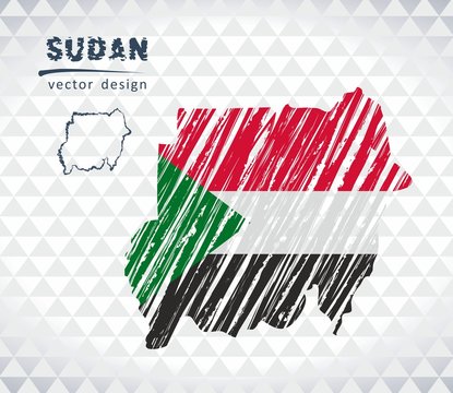 Sudan vector map with flag inside isolated on a white background. Sketch chalk hand drawn illustration