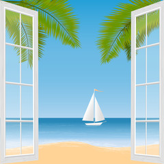 Tropical beach, palm trees and ship