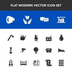 Modern, simple vector icon set with tool, dessert, construction, radio, kitchen, sweet, document, sound, axe, dryer, music, dentist, energy, library, power, screwdriver, bulb, pot, bar, speech icons
