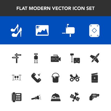 Modern, simple vector icon set with direction, film, robot, space, post, camera, paint, table, high, color, game, sofa, cyborg, phone, banner, rocket, poker, video, furniture, handle, sign, play icons