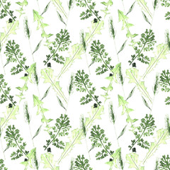 Watercolor seamless botanical pattern. Leaves, twigs, grass. Natural background.
