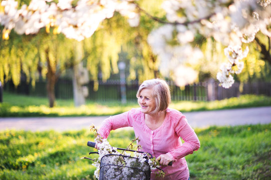 Beautiful senior woman with bicycle outside in spring nature.