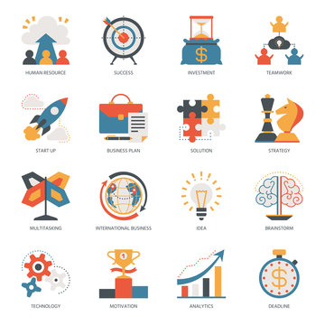 Startup business icon vector start up businessplanning with success strategy or innovation idea illustration set of multitasking and brainstorm signs isolated on white background