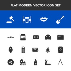 Modern, simple vector icon set with document, bag, law, shovel, justice, sign, belt, grater, ufo, food, sale, spring, furniture, chat, tool, lips, monster, girl, , holiday, construction, message icons