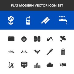 Modern, simple vector icon set with bathroom, play, nature, spring, water, mobile, document, tap, comet, airplane, happy, axe, blossom, child, phone, equipment, shovel, telephone, travel, pull icons