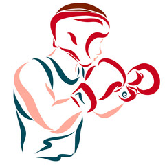 Young strong boxer wearing a helmet and gloves