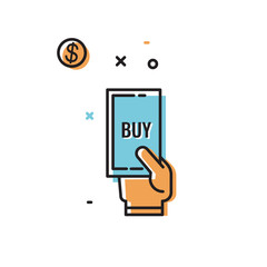 Hand with phone and text to Buy. Vector illustration, icon