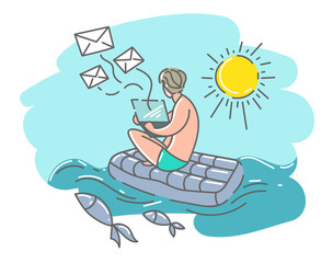 A man on a swimming mattress with a laptop sends letters. Vector illustration in cartoon style, flat.