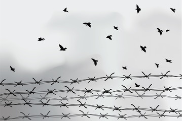 Barbed wire fencing. Fence made of wire with spikes. Black and white illustration to the holocaust. Console camp. - obrazy, fototapety, plakaty