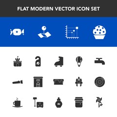 Modern, simple vector icon set with food, pin, parachute, estate, data, lamp, building, spring, background, parachuting, house, pie, pointer, cake, light, map, lollipop, location, blossom, toy icons