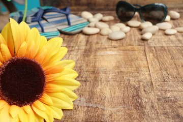 beach accessories on wooden