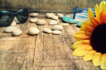 beach accessories on wooden