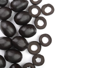 whole and sliced black olives isolated on white background with copy space for your text. Top view. Flat lay pattern