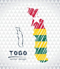Togo vector map with flag inside isolated on a white background. Sketch chalk hand drawn illustration